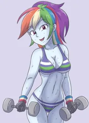 Size: 2066x2854 | Tagged: suggestive, artist:sumin6301, derpibooru import, dumbbell, rainbow dash, human, equestria girls, bra, breasts, busty rainbow dash, clothes, cute, eyebrows, eyebrows visible through hair, eyelashes, female, happy, image, jpeg, looking at you, open mouth, panties, purple background, shoulders, simple background, solo, solo female, standing, striped bra, striped panties, striped underwear, stupid sexy rainbow dash, thighs, underwear, weight lifting, weights, wristband