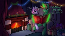 Size: 1920x1080 | Tagged: safe, artist:darbedarmoc, derpibooru import, pony, unicorn, armchair, book, candy, candy cane, carpet, chair, christmas, christmas lights, dialogue, explain your smolness, fire, fireplace, food, holiday, image, its not small its compact!, magic, male, png, present, sitting, smol, telekinesis