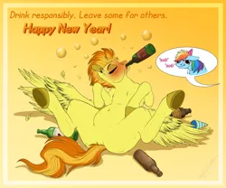 Size: 3000x2500 | Tagged: safe, artist:lupiarts, derpibooru import, rainbow dash, spitfire, pegasus, pony, alcohol, belly, belly button, bottle, chugging, crying, drink, drinking, drunk, drunk bubbles, featureless crotch, female, happy new year, hat, high res, holiday, hooves, image, jpeg, lying down, mare, offscreen character, on back, party, party hat, round belly, sobbing, swallowing, throat bulge, tipsyfire, underhoof