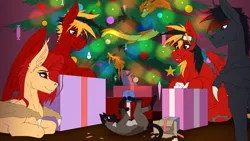 Size: 4000x2250 | Tagged: safe, derpibooru import, oc, oc:gear, oc:nightsun, oc:twotail, oc:xarxe blackhoof, unofficial characters only, bat pony, cat, dragon, pegasus, brother and sister, christmas, christmas lights, christmas tree, fangs, female, happy new year, happy new year 2024, holiday, image, male, png, present, siblings, tree, wings, wip