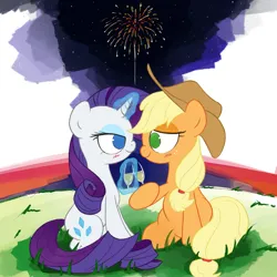 Size: 3000x3000 | Tagged: safe, artist:widelake, derpibooru import, applejack, rarity, earth pony, unicorn, alcohol, champagne, duo, female, fireworks, image, lesbian, looking at each other, looking at someone, magic, magic aura, night, png, rarijack, shipping, simple background, sunset, wine