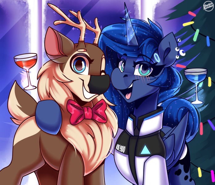 Size: 1917x1650 | Tagged: safe, artist:shadowreindeer, derpibooru import, princess luna, oc, oc:kevin reindeer, deer, reindeer, alcohol, connor, detroit: become human, happy new year, holiday, image, jpeg, rk900, wine