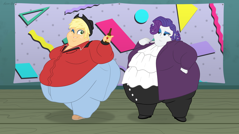 Size: 2560x1440 | Tagged: suggestive, artist:neongothic, derpibooru import, applejack, rarity, human, equestria girls, 80s, apple cider, applefat, bbw, belly, big belly, bingo wings, chubby cheeks, double chin, fat, fat fetish, fetish, grin, image, morbidly obese, obese, one eye closed, png, raritubby, smiling, ssbbw, sunset's apartment, thighs, thunder thighs, weight gain, wink