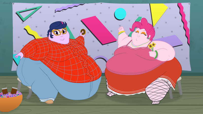 Size: 2560x1440 | Tagged: suggestive, artist:neongothic, derpibooru import, pinkie pie, sci-twi, twilight sparkle, human, equestria girls, 80s, bbw, belly, big belly, bingo wings, breasts, candy, chubby cheeks, donut, double chin, eyes closed, eyeshadow, fat, fat boobs, fat fetish, fetish, food, image, makeup, morbidly obese, obese, png, pudgy pie, sci-twilard, ssbbw, sunset's apartment, thighs, thunder thighs, twilard sparkle, weight gain
