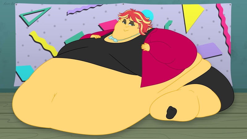 Size: 2560x1440 | Tagged: suggestive, artist:neongothic, derpibooru import, sunset shimmer, human, equestria girls, 80s, bbw, belly, belly on floor, big belly, bingo wings, breasts, chubby cheeks, double chin, fat, fat boobs, fat fetish, fetish, image, immobile, impossibly large everything, impossibly obese, morbidly obese, obese, png, sitting, slobset shimmer, ssbbw, thighs, thunder thighs, weight gain