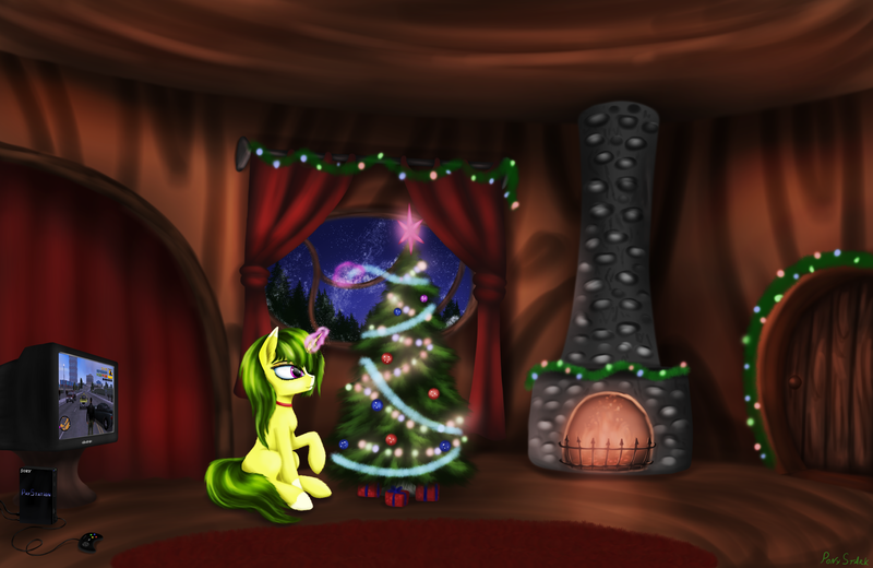 Size: 7000x4546 | Tagged: safe, artist:pony-stark, derpibooru import, oc, pony, unicorn, christmas, fireplace, grand theft auto, holiday, image, playstation, playstation 2, png, secret santa, solo