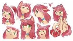 Size: 1280x719 | Tagged: safe, artist:rsd500, derpibooru import, oc, oc:airi, bat pony, pony, :3, anime, anime style, bell, bell collar, cat bell, christmas, collar, ear fluff, expressions, eyes on the prize, female, green eyes, hat, heart, holiday, image, jpeg, open mouth, open smile, present, santa hat, secret santa, simple background, smiling, solo, starry eyes, white background, wingding eyes