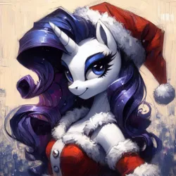 Size: 2048x2048 | Tagged: safe, ai content, derpibooru import, machine learning generated, prompter:krivovyaz, rarity, anthro, unicorn, christmas, clothes, costume, g4, generator:bing image creator, hat, holiday, image, looking at you, png, santa costume, santa hat, simple background, smiling