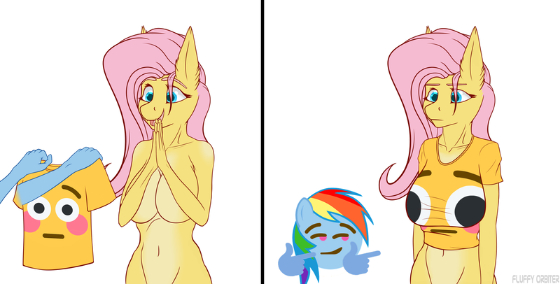 Size: 3404x1728 | Tagged: suggestive, artist:fluffyorbiter, derpibooru import, fluttershy, rainbow dash, anthro, pegasus, belly button, bottomless, breast squeeze, breast squish, breasts, busty fluttershy, clothes, ear fluff, emoji, eye clipping through hair, eyebrows, eyebrows visible through hair, fangs, female, flutterdash, fluttershy is not amused, grin, hand, hands together, happy, hips, image, implied flutterdash, implied lesbian, implied shipping, lesbian, meme, nudity, open mouth, open smile, partial nudity, png, poker face, shipping, shirt, shoulders, smiling, smug, strategically covered, t-shirt, unamused, wingless, wingless anthro