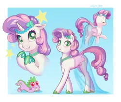 Size: 2048x1726 | Tagged: safe, artist:stratodraw, derpibooru import, spike, sweetie belle, dragon, pony, unicorn, abstract background, alternate hairstyle, butt, clothes, cute, diasweetes, dress, female, filly, foal, heart, heart eyes, hoof shoes, image, looking at you, male, plot, png, shipping, spikebelle, straight, wingding eyes