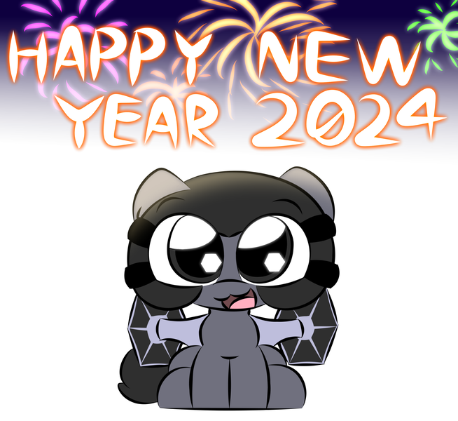 Size: 3200x2934 | Tagged: safe, artist:cushyhoof, derpibooru import, oc, oc:tie pony, ponified, unofficial characters only, pony, 2024, :3, cute, female, fireworks, happy new year, happy new year 2024, holiday, image, looking at you, mare, open mouth, phone drawing, png, sitting, solo, star wars, starfighter, tie fighter