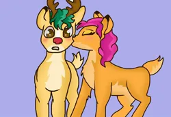 Size: 1080x740 | Tagged: safe, artist:sheriffwayz, derpibooru import, hitch trailblazer, sunny starscout, deer, reindeer, g5, blushing, christmas, duo, duo male and female, female, holiday, image, jpeg, kissing, male, red nose, reindeerified, rudolph the red nosed reindeer, shipping, simple background, species swap, straight, sunnyhitch