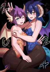 Size: 800x1143 | Tagged: suggestive, artist:tzc, derpibooru import, princess ember, smolder, dragon, human, 2024, black background, blushing, clothes, corset, duo, duo female, facial markings, fangs, female, females only, fishnets, happy new year, happy new year 2024, holiday, horn, horned humanization, humanized, image, jpeg, lunar new year, new year, new years eve, older, older smolder, one eye closed, simple background, tail, tailed humanization, tattoo, winged humanization, wings, wink