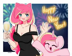 Size: 1878x1463 | Tagged: safe, artist:kittyrosie, derpibooru import, oc, oc:rosa flame, unofficial characters only, pony, unicorn, breasts, cleavage, clothes, elegant, eyes closed, happy new year, happy new year 2024, holiday, horn, image, jpeg, open mouth, unicorn oc