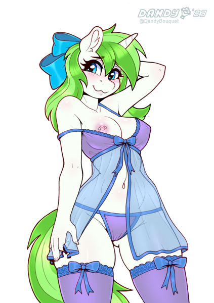 Size: 2384x3382 | Tagged: questionable, artist:dandy, derpibooru import, oc, oc:minty root, unofficial characters only, anthro, unicorn, arm behind head, belly button, blushing, bow, breasts, cleavage, clothes, commission, cute, ear fluff, female, hair bow, high res, horn, image, lace, lingerie, looking at you, nightgown, nipple piercing, nipples, nudity, panties, piercing, pinup, png, see-through, shy, simple background, smiling, socks, solo, solo female, stockings, thigh highs, underwear, unicorn oc, wardrobe malfunction, white background