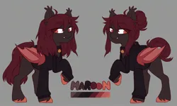 Size: 2438x1477 | Tagged: safe, artist:cheekipone, ponerpics import, oc, oc:maroon, unofficial characters only, bat pony, pony, bat pony oc, bat wings, clothes, collar, ear tufts, fangs, female, folded wings, image, jpeg, looking back, mare, raised hoof, reference sheet, simple background, solo, standing, sweater, text, unshorn fetlocks, wings