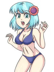 Size: 2100x2800 | Tagged: suggestive, artist:sumin6301, derpibooru import, coco pommel, human, equestria girls, bare shoulders, belly button, bikini, breasts, busty coco pommel, clothes, cute, equestria girls-ified, eye clipping through hair, eyebrows, eyebrows visible through hair, eyelashes, female, fingers, flower, flower in hair, g4, hair, hand, high res, image, looking at you, open mouth, png, simple background, solo, solo female, stupid sexy coco pommel, swimsuit, teeth, white background