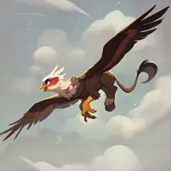 Size: 1024x1024 | Tagged: safe, ai content, derpibooru import, machine learning generated, stable diffusion, oc, unofficial characters only, gryphon, ambiguous gender, brown fur, cloud, face paint, flying, g4, generator:purplesmart.ai, image, png, solo, spread wings, white feathers, wings