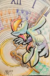 Size: 2708x4124 | Tagged: safe, artist:b_m, derpibooru import, oc, oc:白冥, unofficial characters only, pegasus, clock, colored, eyes closed, flying, image, jpeg, male, solo, solo male, spread wings, traditional art, wings