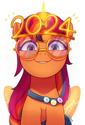 Size: 2481x3659 | Tagged: safe, artist:maren, derpibooru import, sunny starscout, alicorn, pony, g5, my little pony: a new generation, 2024, artificial horn, artificial wings, augmented, bag, bust, emanata, female, full face view, happy new year, happy new year 2024, high res, holiday, horn, image, lip bite, looking at you, magic, magic horn, magic wings, mane stripe sunny, mare, messenger bag, novelty glasses, partially open wings, pin, png, race swap, simple background, smiling, smiling at you, solo, sunnycorn, white background, wings