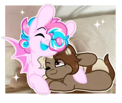 Size: 504x426 | Tagged: artist needed, source needed, safe, derpibooru import, oc, oc:choco latte, oc:sweetie swirl, unofficial characters only, bat pony, pony, bat pony oc, bat wings, blue tongue, cuddling, duo, female, femboy, happy, image, male, mare, multicolored hair, one eye closed, pillow, png, real life background, smiling, wings, wink