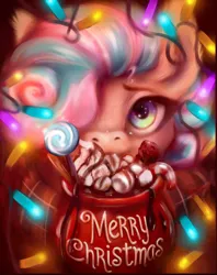 Size: 3800x4800 | Tagged: artist needed, source needed, safe, derpibooru import, oc, oc:sweetie swirl, bat pony, bat pony oc, bat wings, candy, candy cane, chocolate, christmas, christmas lights, commission, ear fluff, eyelashes, femboy, food, holiday, hot chocolate, image, jpeg, lollipop, male, marshmallow, merry christmas, mug, multicolored hair, solo, wings, ych result