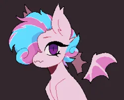 Size: 1390x1130 | Tagged: source needed, safe, artist:deadgirlie, derpibooru import, oc, oc:sweetie swirl, unofficial characters only, bat pony, ear fluff, eyelashes, fangs, femboy, floating wings, hair over one eye, image, male, multicolored hair, pixel art, png, simple background, solo, wings