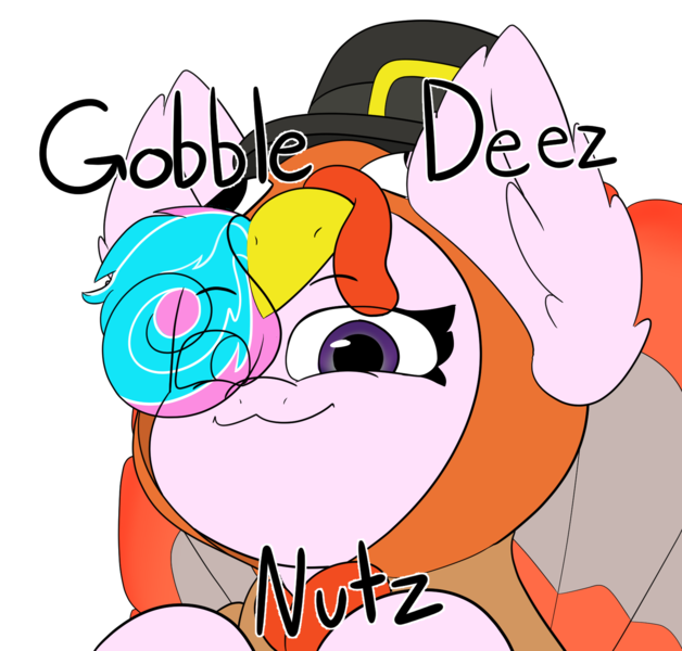 Size: 1710x1633 | Tagged: suggestive, artist:quillsadilla, derpibooru import, oc, oc:sweetie swirl, unofficial characters only, clothes, costume, ear fluff, eyelashes, femboy, hair over one eye, hat, image, male, multicolored hair, png, simple background, smug, solo, text, transparent background, turkey costume, uwu