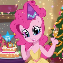 Size: 894x894 | Tagged: safe, ai content, derpibooru import, machine learning generated, prompter:princessoflovepinkyt, pinkie pie, cake, christmas, christmas tree, food, glass, happy new year, happy new year 2024, hat, holiday, image, jpeg, new year, party hat, solo, tree, wine glass