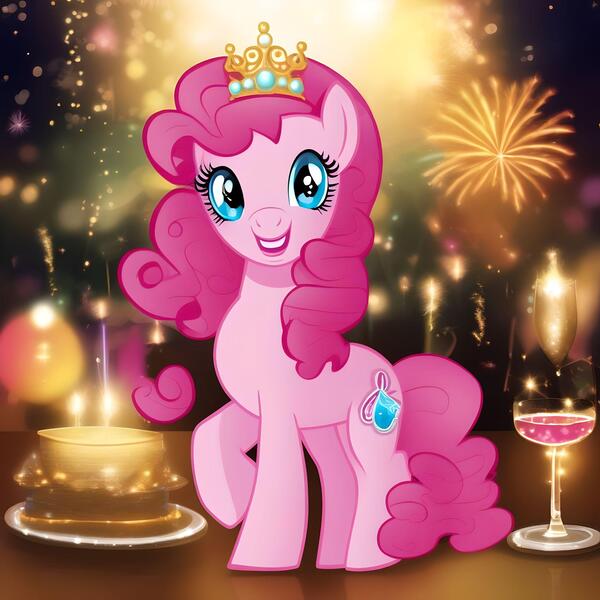 Size: 2048x2048 | Tagged: safe, derpibooru import, machine learning generated, prompter:princessoflovepinkyt, pinkie pie, alternate cutie mark, cake, champagne glass, fireworks, food, happy new year, holiday, image, jpeg, new year