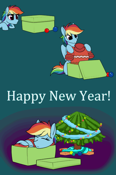 Size: 1333x2000 | Tagged: safe, artist:dacaoo, derpibooru import, rainbow dash, pony, animated, behaving like a cat, box, christmas, christmas tree, clothes, gif, happy new year, holiday, image, pony in a box, present, sleeping, solo, sweater, tree