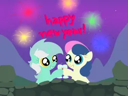 Size: 4180x3142 | Tagged: safe, artist:background basset, derpibooru import, bon bon, lyra heartstrings, sweetie drops, earth pony, pony, unicorn, bridge, champagne glass, fireworks, glass, happy new year, holiday, image, lineless, png, smiling, text