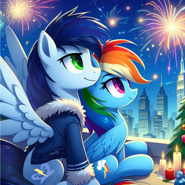 Size: 1024x1024 | Tagged: safe, ai content, derpibooru import, machine learning generated, prompter:*rainbow dash*, rainbow dash, soarin', alternate hairstyle, city, cityscape, clothes, female, fireworks, generator:bing image creator, image, jacket, looking up, male, new years eve, night, night sky, png, shipping, sky, skyscraper, soarindash, straight