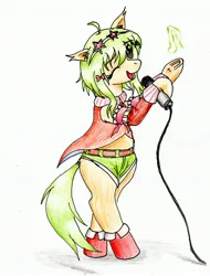 Size: 2250x2961 | Tagged: safe, artist:40kponyguy, derpibooru import, ponified, earth pony, pony, bipedal, clothes, derpibooru exclusive, ear fluff, female, gumi, hoof hold, image, jpeg, looking at you, mare, microphone, one eye closed, simple background, solo, traditional art, underhoof, vocaloid