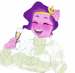 Size: 1437x1395 | Tagged: safe, artist:aztrial, derpibooru import, pipp petals, anthro, g5, alcohol, blushing, champagne, champagne glass, clothes, eyes closed, image, jpeg, simple background, smiling, solo, sweater, white background, wine