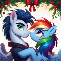 Size: 1024x1024 | Tagged: safe, ai content, derpibooru import, machine learning generated, prompter:*rainbow dash*, rainbow dash, soarin', blushing, boop, clothes, embrace, female, generator:bing image creator, image, imminent kissing, jacket, male, mistletoe, noseboop, png, shipping, soarindash, straight
