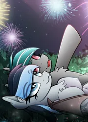 Size: 1800x2500 | Tagged: safe, artist:andaluce, derpibooru import, oc, oc:haze northfleet, oc:malachite cluster, unofficial characters only, bat pony, pegasus, :3, chest fluff, cute, duo, ear fluff, fireworks, happy new year, holiday, image, lying down, ocbetes, on back, png