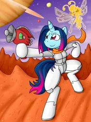 Size: 1200x1600 | Tagged: safe, artist:flash equestria photography, derpibooru import, oc, oc:pixel dust, oc:pluto planitia, semi-anthro, arm hooves, image, png, ray gun, science fiction