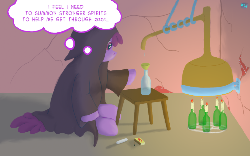 Size: 800x501 | Tagged: safe, artist:quint-t-w, derpibooru import, berry punch, berryshine, pony, 2024, alcohol, basement, bottle, candle, cape, chalk, clothes, distillation, distiller, drink, image, matches, pentagram, png, solo, thinking, thought bubble