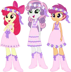 Size: 1280x1308 | Tagged: safe, artist:octosquish7260, derpibooru import, apple bloom, scootaloo, sweetie belle, human, a canterlot wedding, equestria girls, apple bloom's bow, bow, clothes, cutie mark crusaders, dress, female, flower, flower girl, flower girl dress, flower in hair, hair bow, hands together, humanized, image, open mouth, open smile, png, smiling, trio