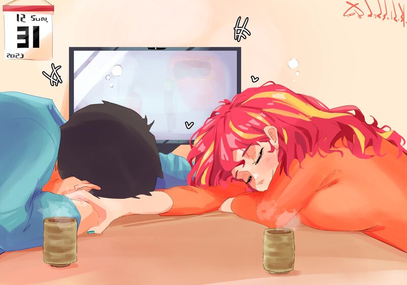 Size: 2000x1400 | Tagged: safe, artist:sozglitch, derpibooru import, sunset shimmer, oc, oc:generic messy hair anime anon, human, breasts, busty sunset shimmer, canon x oc, duo, duo male and female, eyes closed, female, food, holding hands, humanized, image, jpeg, male, mug, new years eve, shipping, sleeping, smiling, straight, tea, television