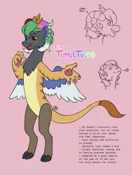 Size: 1800x2400 | Tagged: safe, artist:socialgutbrain777, derpibooru import, oc, draconequus, crown, draconequus oc, green hair, image, jewelry, leonine tail, male, paws, png, reference sheet, regalia, simple background, solo, spread wings, tail, wings