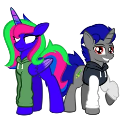 Size: 1024x1024 | Tagged: safe, derpibooru import, oc, oc:adorie, oc:enigan, unofficial characters only, alicorn, pony, unicorn, derpibooru community collaboration, 2024 community collab, clothes, duo, female, hoodie, image, long hair, looking at you, male, mare, paint, png, simple background, size difference, smiling, spiky hair, spiky mane, stallion, transparent background, wings