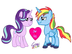 Size: 2048x1536 | Tagged: safe, artist:gregory-the-griffon, derpibooru import, starlight glimmer, oc, oc:shield wing, alicorn, unicorn, alicorn oc, canon x oc, female, g4, heart, horn, image, love, male, png, shipping, simple background, smiling, straight, transparent background, wings