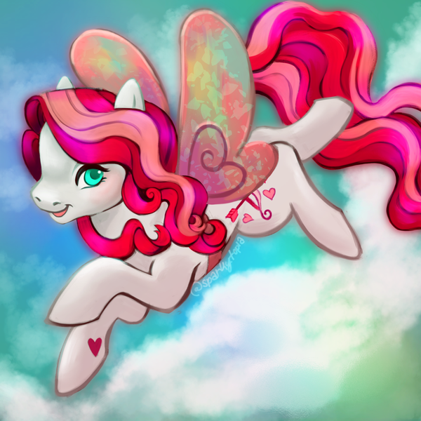 Size: 1280x1280 | Tagged: safe, artist:sparkytopia, derpibooru import, always and forever, earth pony, pony, g3, augmented wings, butterfly wings, cloud, cyan eyes, female, flying, hoof heart, image, looking at you, mare, open mouth, open smile, png, sky, smiling, underhoof, wings