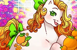 Size: 1280x828 | Tagged: safe, artist:sparkytopia, derpibooru import, citrus sweetheart, earth pony, pony, g3, bow, female, flower, food, green eyes, hair bow, image, mare, open mouth, open smile, orange, png, smiling, tail, tail bow