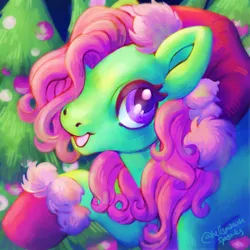 Size: 1280x1280 | Tagged: safe, artist:sparkytopia, derpibooru import, minty, earth pony, pony, a very minty christmas, g3, christmas, christmas tree, clothes, female, hat, holiday, image, mare, open mouth, open smile, ornament, ornaments, png, santa hat, smiling, socks, solo, tree