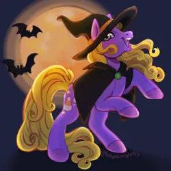 Size: 1280x1280 | Tagged: safe, artist:sparkytopia, derpibooru import, part of a set, abra-ca-dabra, bat, earth pony, pony, g3, cape, clothes, female, halloween, hat, holiday, image, jpeg, mare, moon, open mouth, open smile, purple background, rearing, rim lighting, simple background, smiling, witch hat