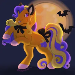 Size: 1280x1280 | Tagged: safe, artist:sparkytopia, derpibooru import, part of a set, pumpkin tart, bat, earth pony, pony, g3, bow, cat ears, colored hooves, fake ears, female, halloween, holiday, image, jpeg, mare, moon, neck bow, open mouth, open smile, purple background, purple eyes, rearing, simple background, smiling, tail, tail bow