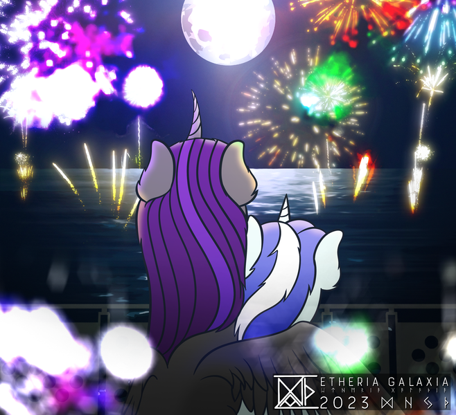 Size: 2802x2556 | Tagged: safe, artist:etheria galaxia, derpibooru import, oc, oc:etheria galaxia, oc:scratch wub, pony, curved horn, female, fireworks, happy new year, holiday, horn, hug, image, male, mare, moon, ocean, png, stallion, water, watermark, winghug, wings